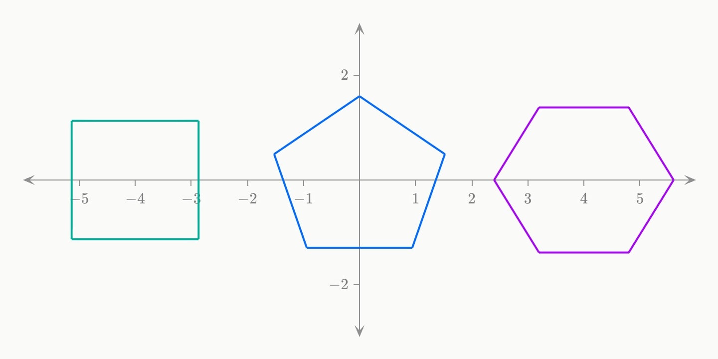Three regular polygons side by side: a teal square, a pentagon standing on a side and a purple hexagon.