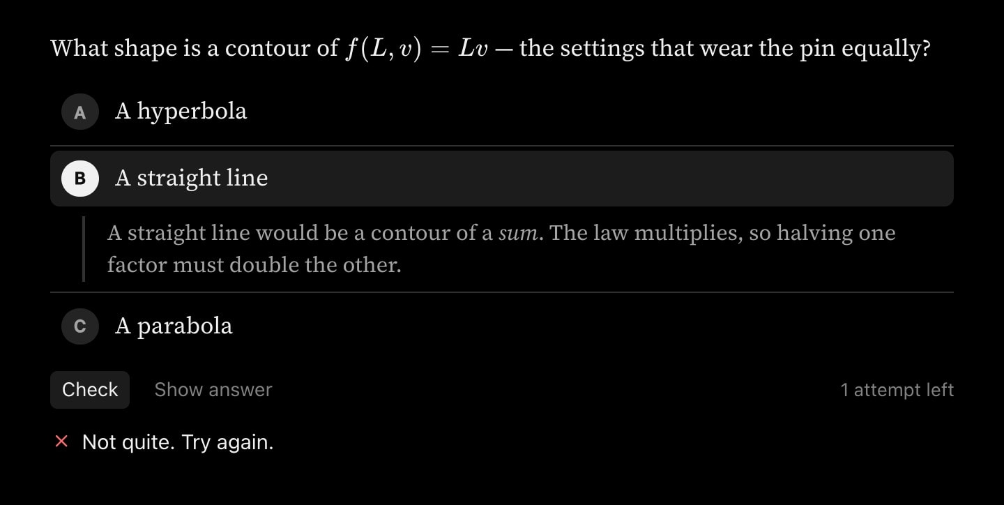 A choice question with three options. The reader chose "A straight line", and the feedback written for that option appears beneath it, explaining that a straight line would be the contour of a sum.