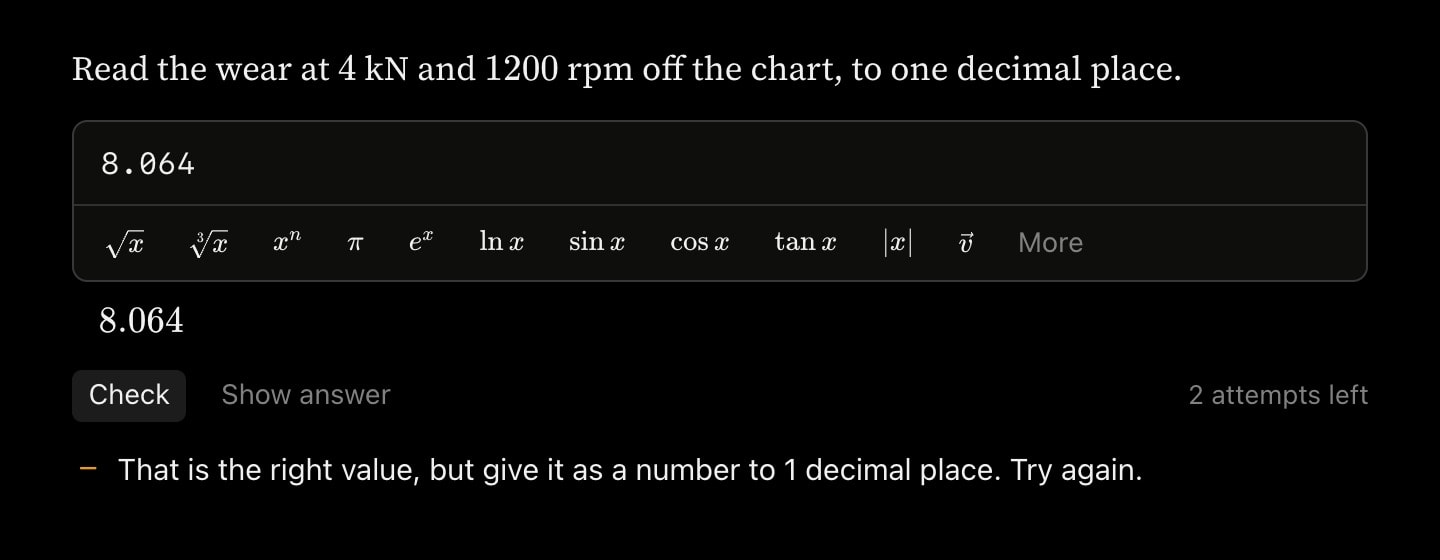 A maths question asking for the wear read off a chart to one decimal place. The reader has typed 8.064, shown typeset beneath the field, and been told it is the right value but must be given to one decimal place.
