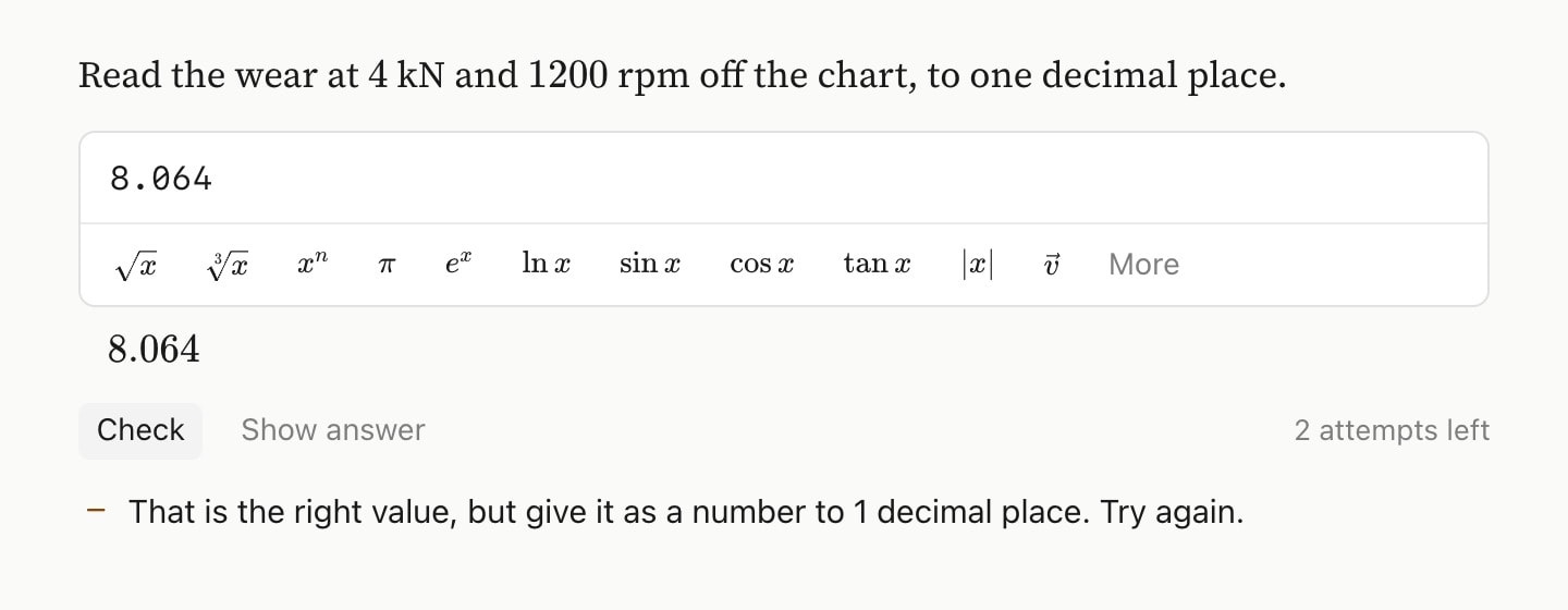 A maths question asking for the wear read off a chart to one decimal place. The reader has typed 8.064, shown typeset beneath the field, and been told it is the right value but must be given to one decimal place.