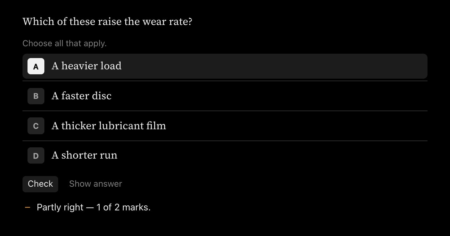 A choice question allowing several answers. The reader ticked one of the two right options and was told they are partly right, with one of two marks.