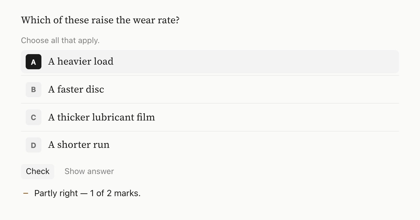 A choice question allowing several answers. The reader ticked one of the two right options and was told they are partly right, with one of two marks.