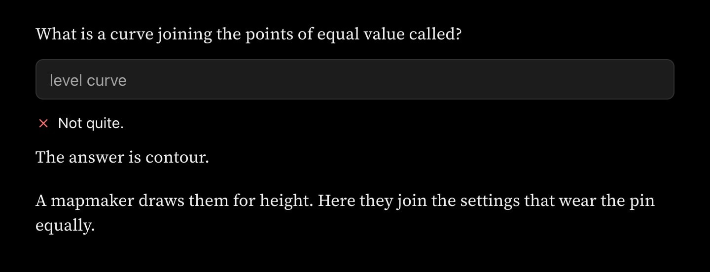 A text question the reader answered wrongly and then gave up on. The accepted answer, "contour", is shown, followed by the question's feedback.