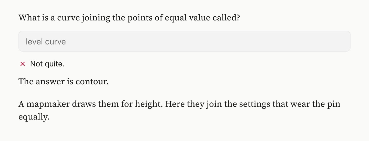 A text question the reader answered wrongly and then gave up on. The accepted answer, "contour", is shown, followed by the question's feedback.